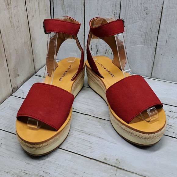 Lucky Brand Joodith Wmn 7.5M Red Suede Ankle Strap Espadrille Platform Sandals - Picture 1 of 9